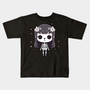 Cute Skeleton in Kawaii Style with Long Hairs | Halloween Skeleton Cute Design Kids T-Shirt